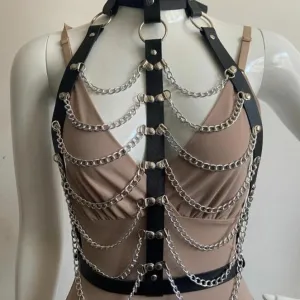 Adjustable metal chain PU leather harness