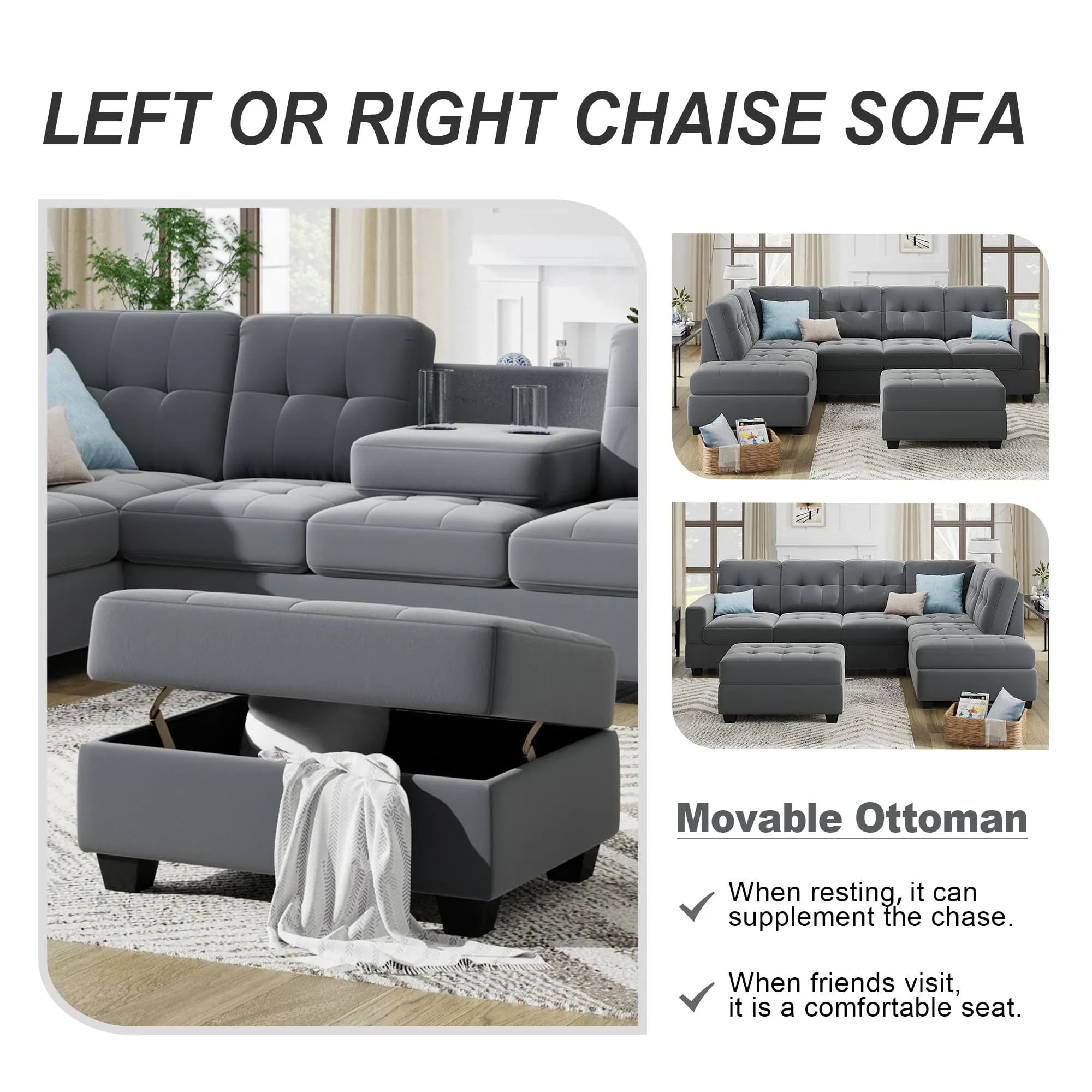 Sectional Sofa with Reversible Chaise Lounge L-Shaped Couch with Storage Ottoman and Cup Holders (Dark Grey)