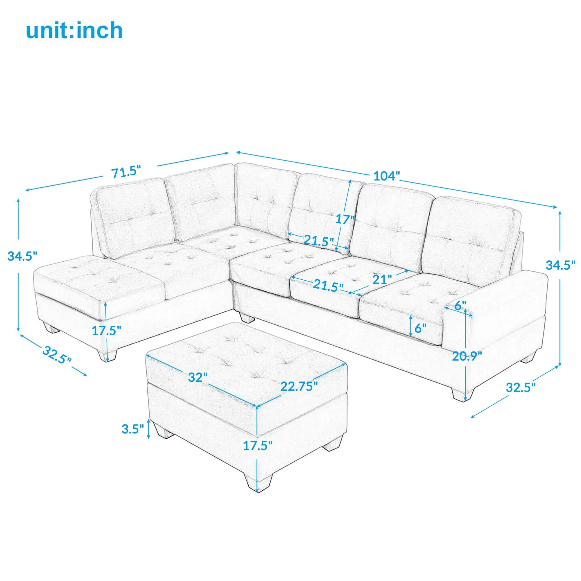 Sectional Sofa with Reversible Chaise Lounge L-Shaped Couch with Storage Ottoman and Cup Holders (Dark Grey)