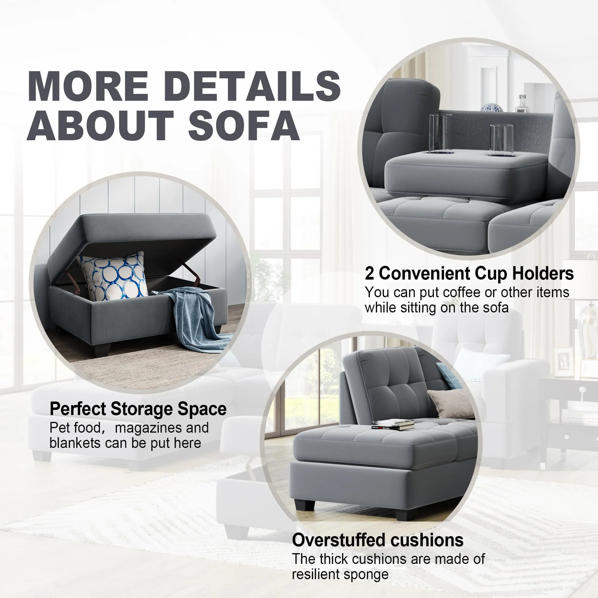 Sectional Sofa with Reversible Chaise Lounge L-Shaped Couch with Storage Ottoman and Cup Holders (Dark Grey)