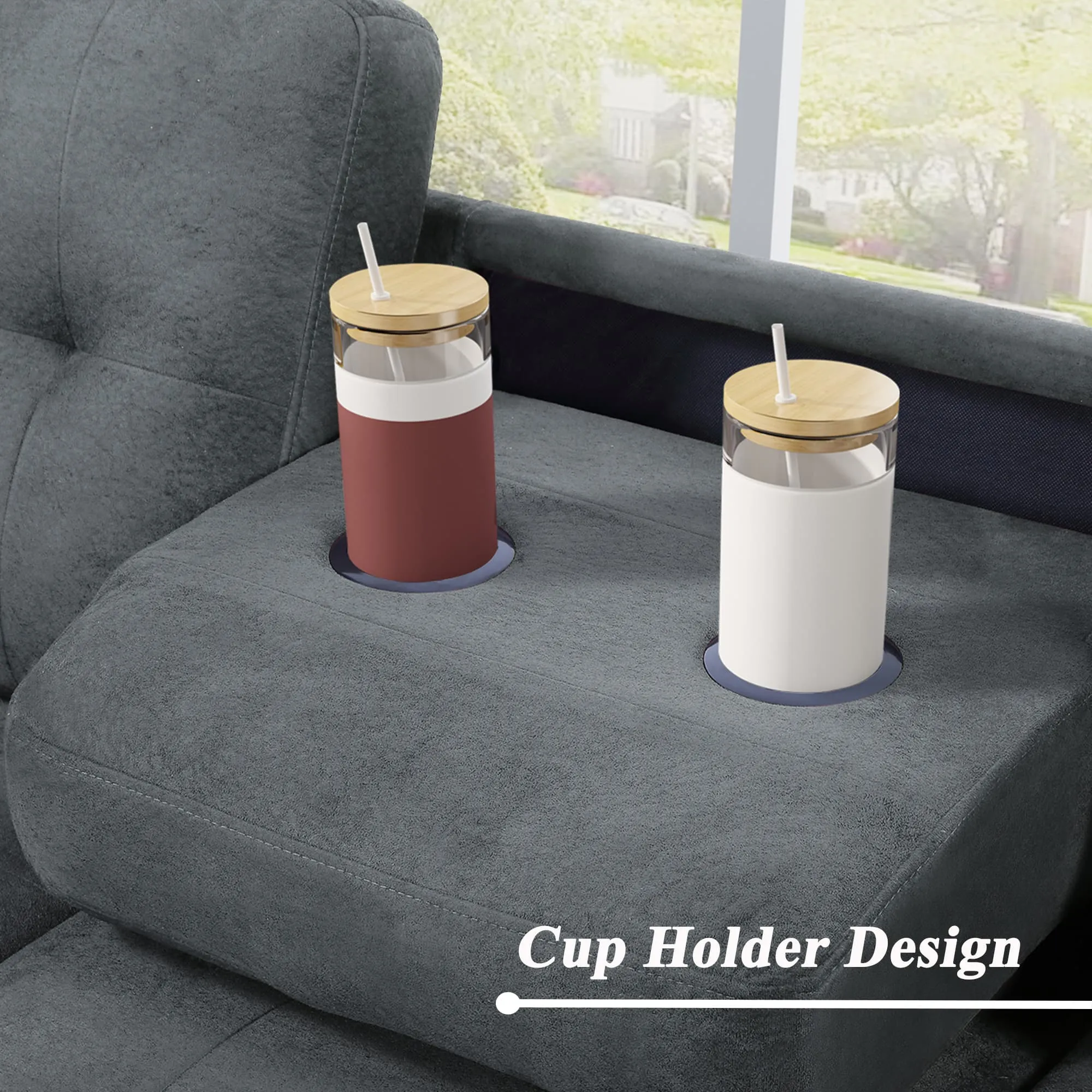 Sectional Sofa with Reversible Chaise Lounge L-Shaped Couch with Storage Ottoman and Cup Holders (Dark Grey)