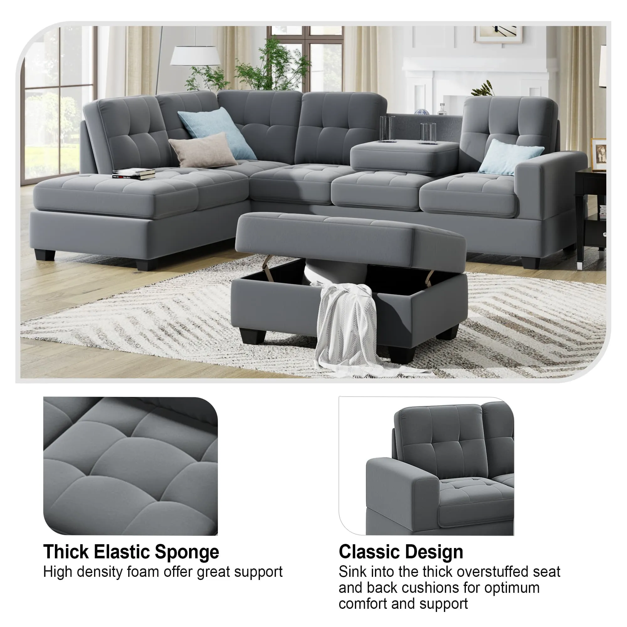 Sectional Sofa with Reversible Chaise Lounge L-Shaped Couch with Storage Ottoman and Cup Holders (Dark Grey)