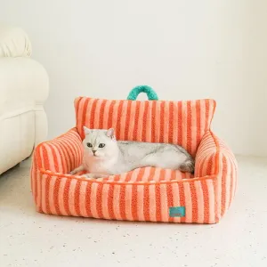 Striped Furry Pet Sofa Soft Bed with Pocket for Cat Dog Orange